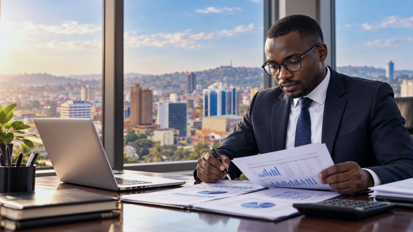 Auditor reviewing financial reports in an office overlooking Kampala