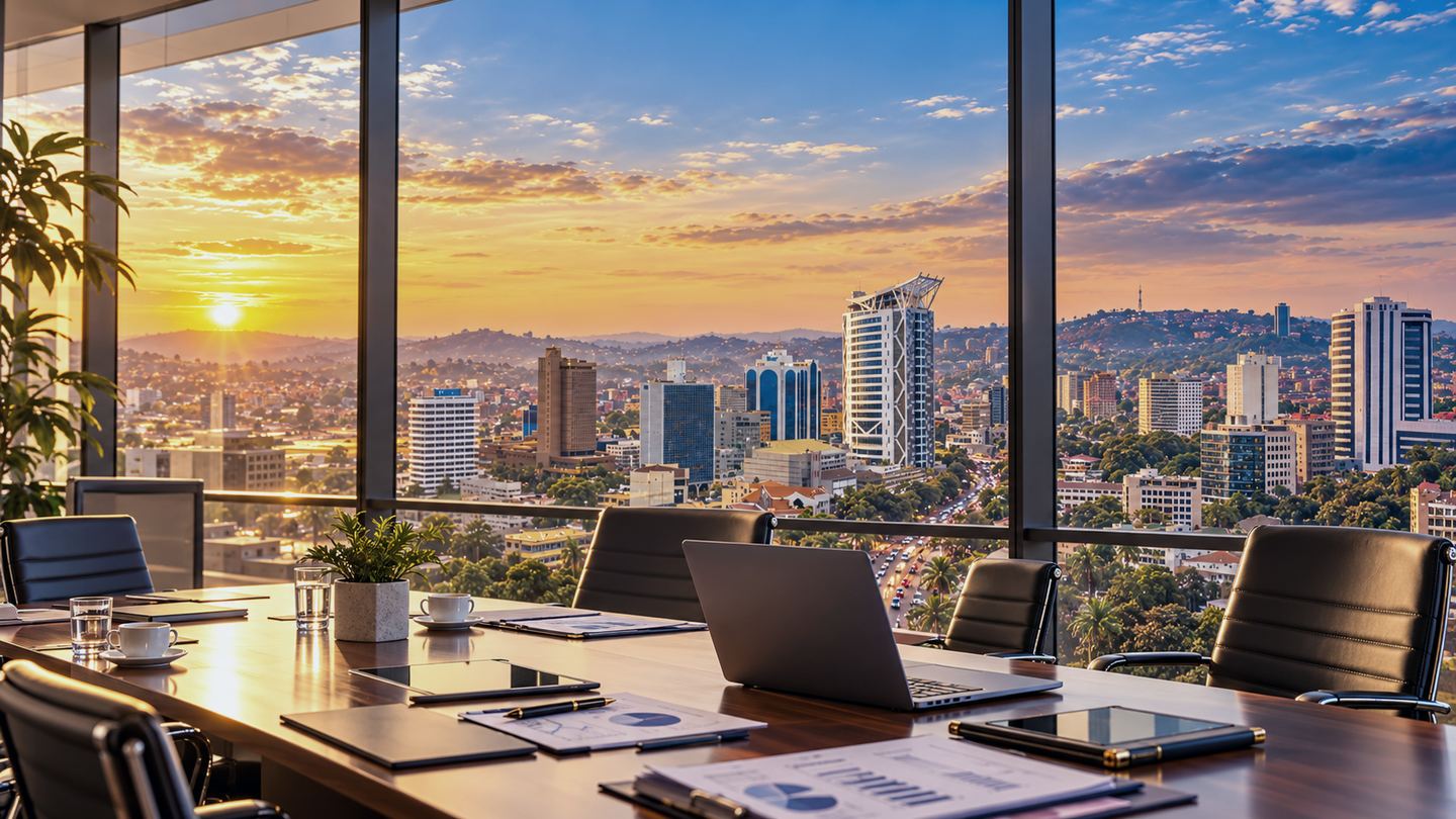Boardroom overlooking Kampala, prepared for a client meeting