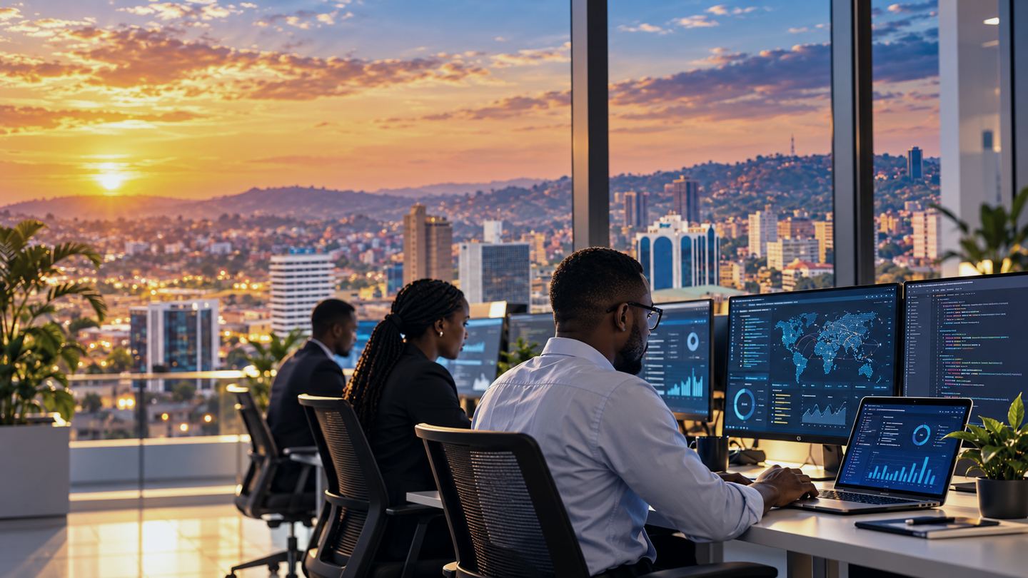 Consultants working at computer monitors in a Kampala office