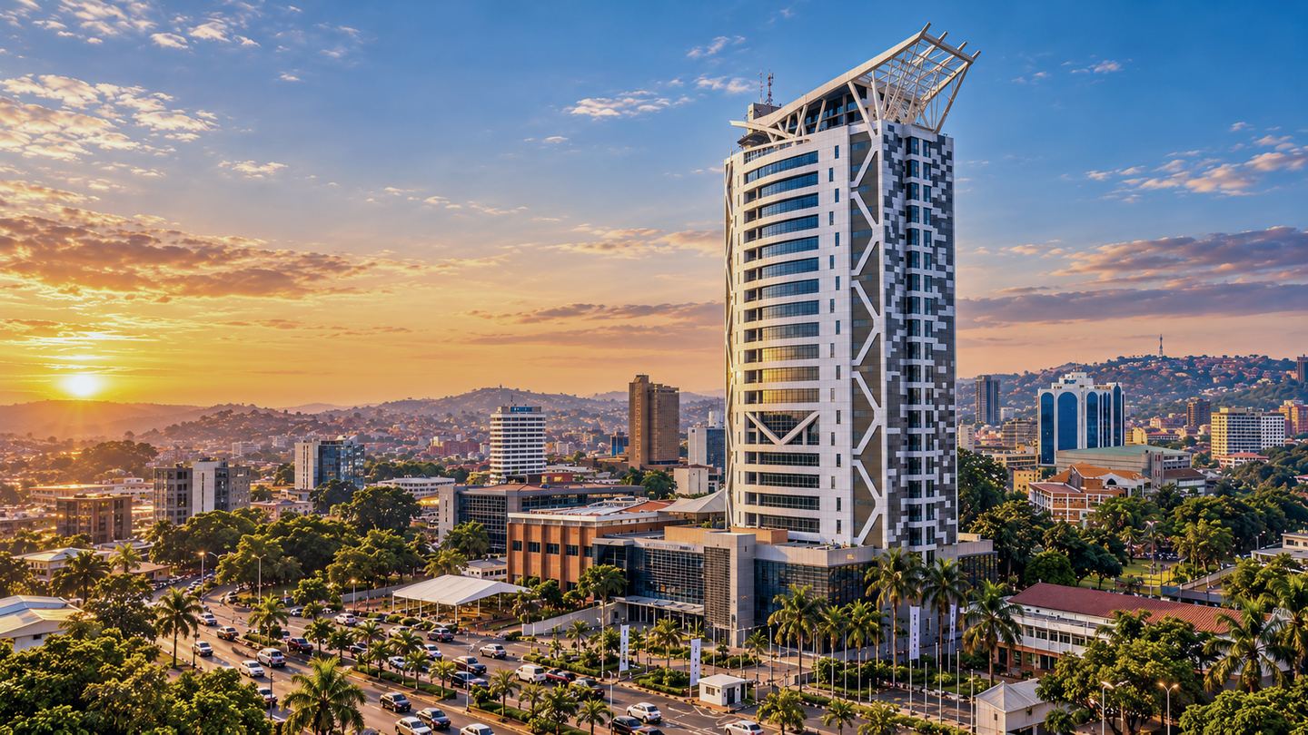 Office tower and the Kampala skyline at sunset